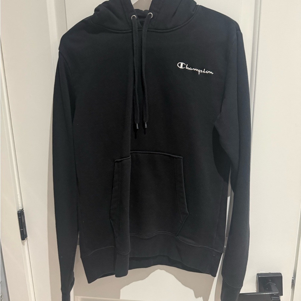 Champion Black Hoodie with White Script Logo